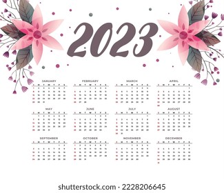 new year 2023 calendar template with floral decoration vector 