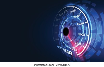 New year 2023 car speedometer, red indicator on black blur background