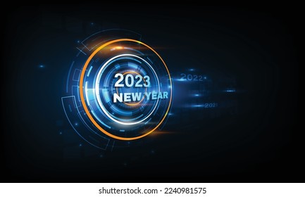 New year 2023 car speedometer, red indicator on black blur background