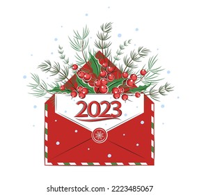 New year 2023. Card with with envelope and winter decorations. Vector illustration for winter background, banners or posters.