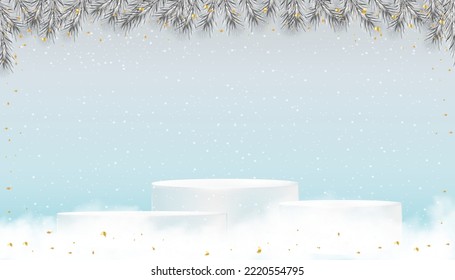 New Year 2023 card,Studio 3D podium on snowflakes hanging onblue sky pastel background,Vector backdrop beautiful and luxury banner for Winter holiday card,Christmas sale season,Discount