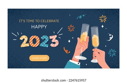 New year 2023 celebration. Poster or banner for website, greeting postcard design. Characters with champagne and alcohol drink. Festival and holiday, culture. Cartoon flat vector illustration