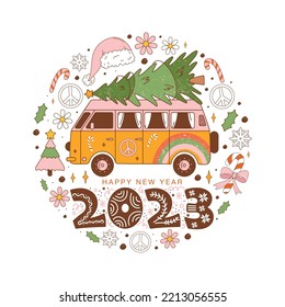 New Year 2023. Christmas retro vintage greeting card with hippie van, spruce, Santa hat, candy cane, holly, snowflake, peace symbol in 70s style. Hippie vector illustration.