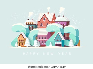 New year 2023. Cityscape with big numbers. Christmas greeting card design.