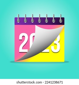 New Year 2023 is coming. Vector illustration of a paper calendar with a page turning to 2023 year. End of 2022 and beginning of 2023