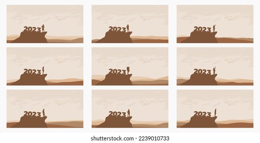 New Year 2023 Concept collection. Men meet the dawn in the mountains for new year 2023. New Beginning motivational inspirational quote message in man silhouette