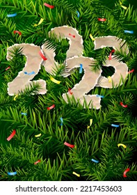 New Year 2023 of crumpled paper between pine twigs. Paper year numbers is strewn with confetti on christmas tree