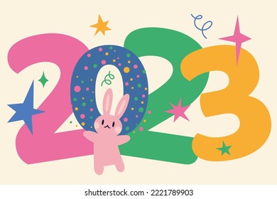 New Year 2023 with cute rabbit, cartoon style. Trendy modern vector illustration, hand drawn, flat 