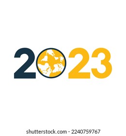 Año Nuevo 2023 con el concepto del planeta Tierra. Plantilla de diseño de tarjetas de felicitación creativa.
