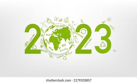 New year 2023 Eco friendly, Sustainability planning concept and World environmental with doodle icons, Vector illustration