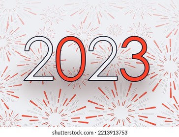 New Year 2023. Flat red numbers on a background with fireworks.