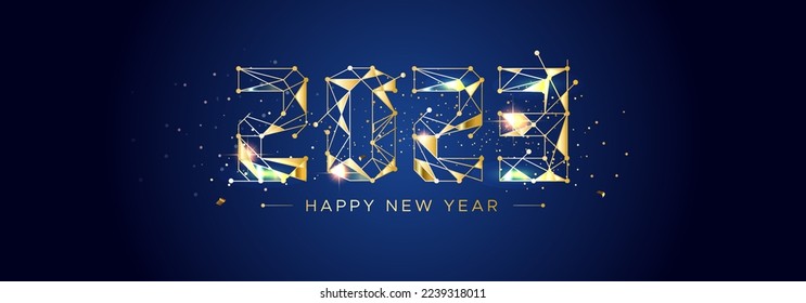 New year 2023 Futuristic template concept. Happy new year 2023 golden text on dark blue background. Art deco and polygonal coneect vector illustration.