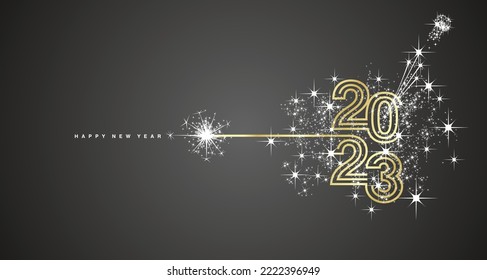 New Year 2023 golden triple line design typography lettering light sparkle firework champagne black background greeting card