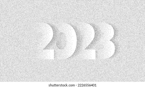 New year 2023 grain design. Noise stipple dots 2023 numbers illustration. Dotted new year pattern background. Sand grain effect. Black dot grunge banner. Vector