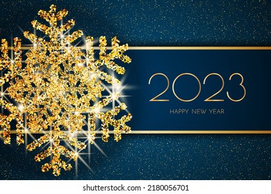 New Year 2023 greeting card. 2023 golden New Year sign and golden snowflake on dark blue background. Vector illustration of happy new year 2023.