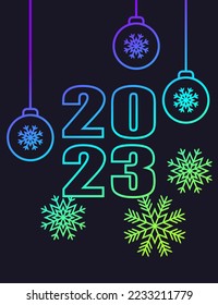 The New Year 2023. Greeting card, poster, banner. Bright neon line on dark background. Neon gradient. New Year toys, snowflakes.