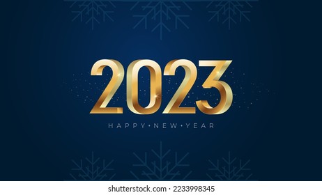 New Year 2023 greeting card with gold numbers . Vector holiday 3d typography composition.