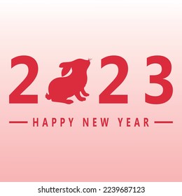 New Year 2023 greeting card. Cartoon cute rabbit holding Chinese hand scrolls with big 2023 number sign. Bunny character. Translate: Rabbit is coming, happy new year