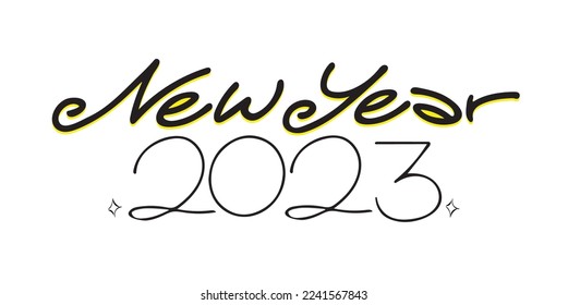 New year 2023 Greeting. Freestyle Calligraphy Handwriting.