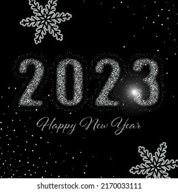 New year 2023 holiday poster made of silver dust, sparkle silver greeting card design on black background