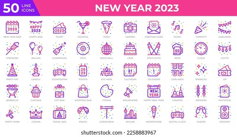 New year 2023 icons in colored line style. Calendar, Confetti, Pizza. Colored outline icons collection. Holiday symbol. Vector illustration