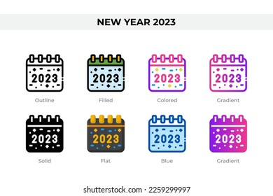 New Year 2023 icons in different style. New Year 2023 icons set. Holiday symbol. Different style icons set. Vector illustration