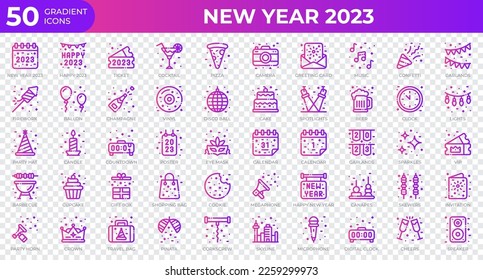 New year 2023 icons in gradient style. Calendar, Confetti, Pizza. Gradient icons collection. Holiday symbol. Vector illustration