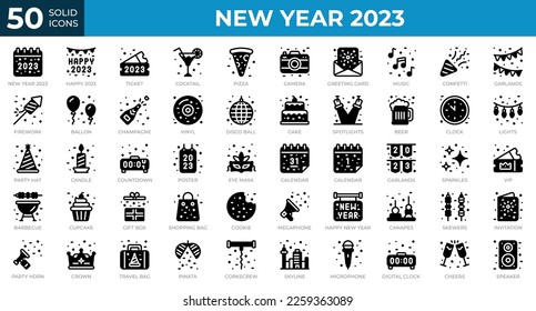 New year 2023 icons in solid style. Calendar, Confetti, Pizza. Solid icons collection. Holiday symbol. Vector illustration