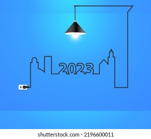 New year 2023 interior design with creative wire light bulb idea concept in wall room, Vector illustration