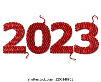 New Year 2023 of knitted fabric isolated on white background. Fragments of knitting in shape of number 2023