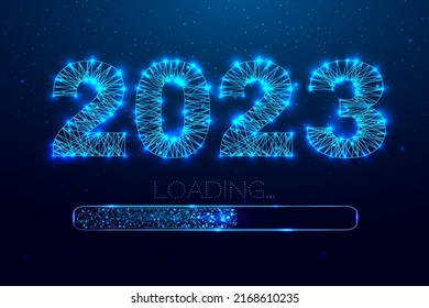 New year 2023 loading. Loading bar. Low poly style design. Numbers from a polygonal wireframe mesh. Abstract vector illustration on dark background.