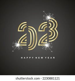 New Year 2023 modern black cut of design golden triple line design typography sign logo icon shiny sparkle firework black background greeting card
