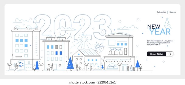 New Year 2023 - modern thin line design style banner on white background. An illustration with a cityscape in winter. City district with decorated public and residential buildings, holiday celebration