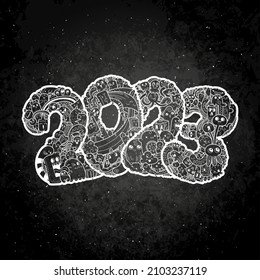 New year 2023. Monster doodle date. Ornate holiday symbol. Vector illustration for prints and design on a blackboard