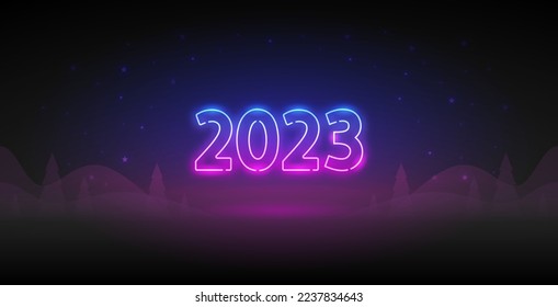 New Year 2023 Neon Template on Dark Background. Vector clipart for your projects.