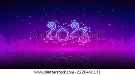 New Year 2023 Neon Template on Dark Purple Background. Vector clipart for your projects.