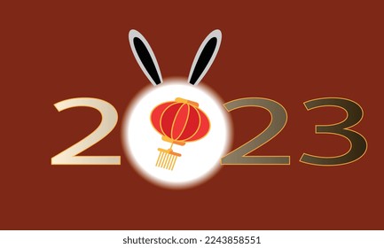 New Year 2023 with Number Radial Shape, Ear of Rabbit, and Chinese Lantern. Vector Isolated with Red Background Template