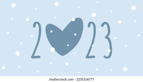 New year 2023. Numbers, heart silhouette, white falling snow. Vector illustration isolated on a light blue background. For postcards and invitations for the New Year holidays.