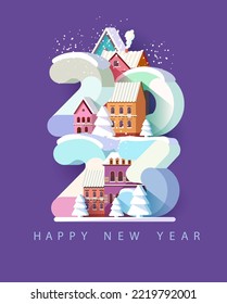 New year 2023. Old cityscape with big color numbers. Christmas greeting card design