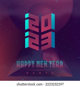 New Year 2023 party. Futuristic poster with abstract elements in dark space. Applicable for covers, music posters and dj flyers. An extraterrestrial landscape covered with sparkles of stardust.