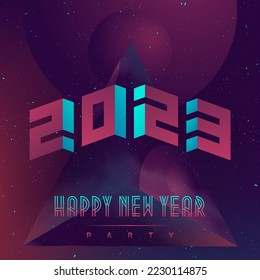 New Year 2023 party. Futuristic design poster with abstract elements in dark space. Illustration applicable for covers, placards, music posters and dj flyers. Figures levitating in outer space