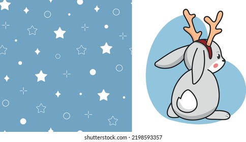 New Year 2023. A pattern with snowflakes and stars on a blue background. Illustration of a bunny and a rabbit with Christmas items. Illustration, vector.