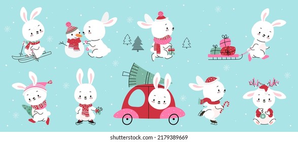 New year 2023 rabbit. Cartoon winter rabbits, sweet bunny and snowman, christmas gifts and tree. Holiday eve characters, baby animals nowaday vector collection