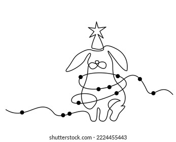 New Year 2023 with Rabbit dressed as Christmas Tree. Continuous one line drawing. Isolated Vector illustration.