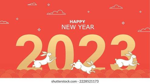 New year 2023 year of the rabbit. Jumping bunny, Chinese zodiac symbol. Modern design Merry Christmas and Happy New Year for greetings, advertising, packaging.
