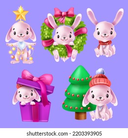 New Year 2023 rabbit set, ribbon, vector cute cartoon Chinese bunny, winter symbol, holiday wreath. Adorable asian character kit, little children hare, red hat, box. Cartoon pink rabbit mascot clipart