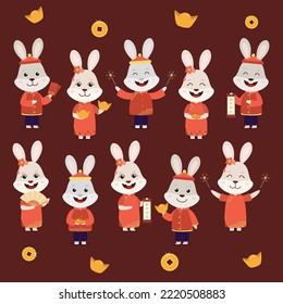 New Year 2023 rabbit set. Cartoon bunnies in traditional Chinese costumes. Set of rabbits with gold and money for congratulation card, banner, poster. Translation: Happy Chinese New Year. Vector.