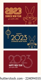New Year 2023. The Year of the Rabbit. A set of New Year template for banners, invitations, greeting cards and posters. Design with a rabbit in traditional Chinese clothing