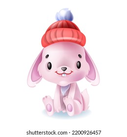 New Year 2023 rabbit, vector cute cartoon Chinese bunny, winter holiday symbol, season mammal. Little children greeting hare, red hat, adorable asian character. Cartoon pink rabbit mascot clipart