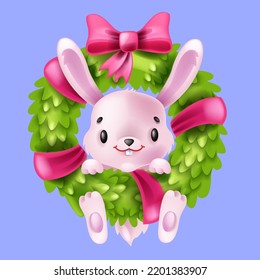 New Year 2023 rabbit, winter symbol, vector cute cartoon Chinese bunny, holiday wreath, ribbon. Little children greeting hare, adorable asian character, red hat. Cartoon pink rabbit mascot clipart
